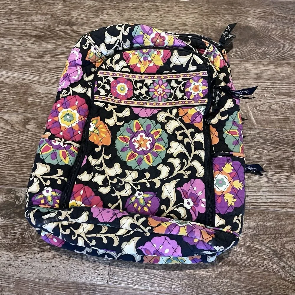 Vera Bradley Retired Suzani Floral Quilted Backpack Black Geometric Bag School